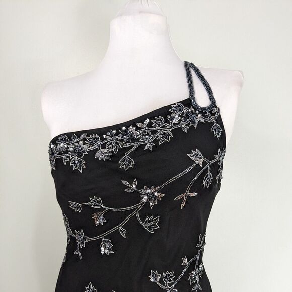 Vtg Cache Prom Dress Maxi Gown Black 12 Y2K Fairy Goth Silk Silver Floral Bead - Picture 7 of 14